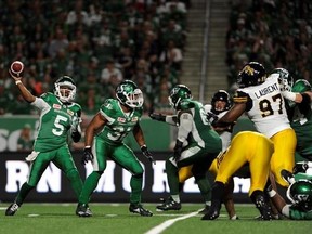 Saskatchewan Roughriders quarterback Kevin Glenn (5) attempts a pass during second half CFL football action against the Hamilton Tiger-Cats in Regina on Saturday, July 8, 2017. THE CANADIAN PRESS/Mark Taylor