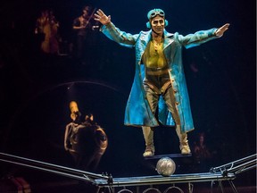 The Aviator at an early stage of his balancing at Cirque du Soleil's Kurios — Cabinet of Curiosities.