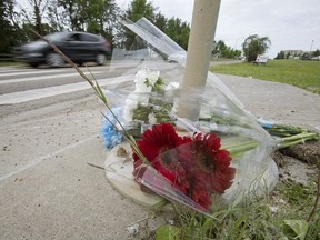 Flowers lay at a pedestrian crosswalk along Suder Greens Drive, in Edmonton on Sunday June 18, 2017. A 57-year-old woman and her dog were killed while crossing at a marked crosswalk.