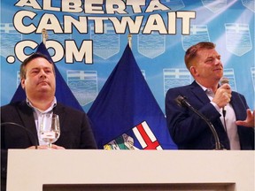 Progressive Conservative Leader Jason Kenney and Wildrose Leader Brian Jean speak at the Pomeroy Hotel Tuesday June 20, 2017 in Grande Prairie, Alta.