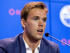 Edmonton Oilers star Connor McDavid speaks at a media conference on July 5, 2017, announcing his eight-year contract extension with the NHL club.
