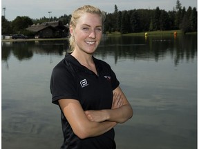 Canada's Joanna Brown poses for a photo following an ITU World Triathlon Edmonton press conference in Hawrelak Park, in Edmonton Thursday July 27, 2017.