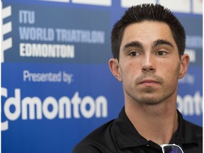 Stefan Daniel (CAN) takes part in an ITU World Triathlon Edmonton press conference in Hawrelak Park, in Edmonton Thursday July 27, 2017.