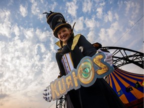 Stilt walker Liz Hobbs performs during Cirque du Soleil's Kurios in Edmonton on Thursday, July 20, 2017.