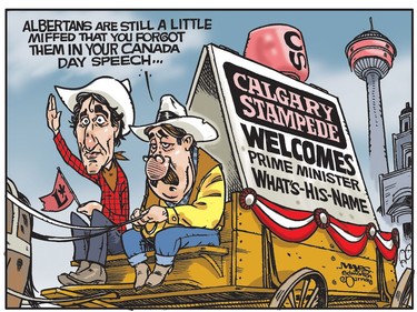 Albertans are still miffed about PM Trudeau forgetting them in Canada Day speech. (Cartoon by Malcolm Mayes)