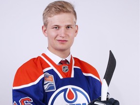 Markus Niemelainen poses for a portrait after being selected 63rd overall by the Edmonton Oilers during the 2016 NHL Draft on June 25, 2016 in Buffalo, N.Y.