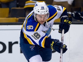 Ty Rattie of the St. Louis Blues warms up before a game against the Boston Bruinson Nov.   22, 2016 in Boston.