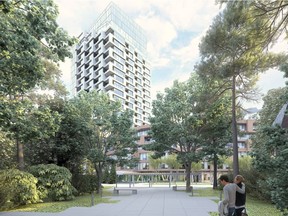 A rendering of the Clifton Place proposal designed by Wallman Architects of Toronto. This view is from the proposed park space looking back at the site.