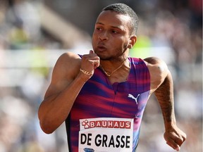 Canada's Andre De Grasse wins the men's 100m event during the IAAF Diamond League athletics competition on June 18, 2017. in Stockholm.