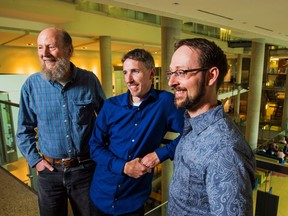 From left, Dr. Rich Sutton, Dr. Michael Bowling and Dr. Patrick Plarski, all professors specializing in artificial intelligence at the University of Alberta, will run the new Edmonton offices of DeepMind Alberta. DeepMind, Google's AI research division, announced the deal on July 5, 2017.