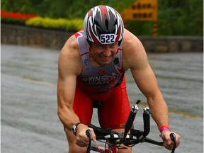 A file image of Malcolm Stinson competing in triathlons. Stinson, 57, is attempting to complete 30 half-ironman races in 30 days. He was diagnosed with myeloma nine years ago. Photo uploaded July. 2017.