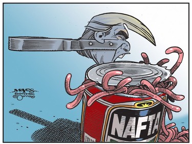 Donald Trump opens a can of worms by reopening NAFTA. (Cartoon by Malcolm Mayes)