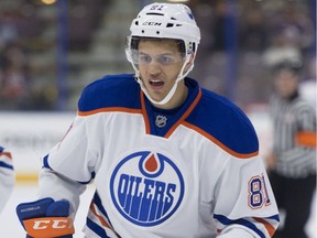 Caleb Jones of the Edmonton Oilers prospects against the Winnipeg Jets at the South Okanagan Events Centre in Penticton, B.C., on Sept. 14, 2015.