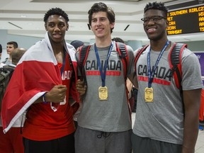 Canada Basketball arrive at Toronto Pearson International Airport after winning the U19M FIBA World Cup Championships on Monday July 10, 2017.  From left - R.J. Barrett, Danilo Djuricic, and Amidou Bamba.
