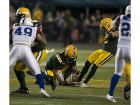 Edmonton Eskimos Sean Whyte (6) kicks a 54 yard field goal against the Montreal Alouettes during second half CFL action on Friday June 30, 2017, in Edmonton.