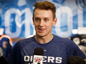 Oilers goaltending prospect Dylan Wells speaks during a media availability at Rogers Place prior to the beginning of the team's annual prospects development camp in Edmonton on July 1, 2017.