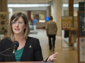 Service Alberta Minister Stephanie McLean speaking at Londonderry Mall about the plan to gather consumer feedback on predators in the marketplace and unfair competition on July 27, 2017