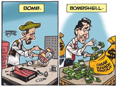 Omar Khadr payout is a bombshell for Trudeau Liberals. (Cartoon by Malcolm Mayes)
Malcolm Mayes