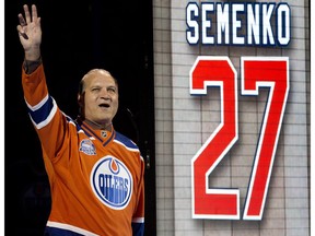 Former Edmonton Oilers player Dave Semenko takes part in a farewell ceremony, following the final NHL game at Rexall Place, in Edmonton Alta. on Wednesday April 6, 2016. Semenko died on June 29 of Pancreatic cancer.