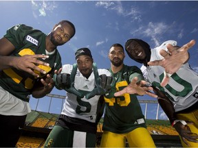 Edmonton Eskimos Mercy Maston (29) ,Travon Van (5),  Korey Jones (45) and Bryant Mitchell (80) are all filling in for injured teammates, taken at practice on Tuesday July 25, 2017, in Edmonton.