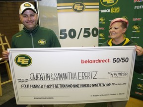 Quentin and Samantha Ebertz are the winners of the Edmonton Eskimos Football Club 50/50 draw from Friday night's home game. The winners took home a jackpot of $435,919.50.