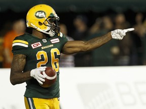 Edmonton's Chris Edwards (26) gestures during the second half of a CFL game between the Edmonton Eskimos and the BC Lions at Commonwealth Stadium in Edmonton on Friday, July 28, 2017.