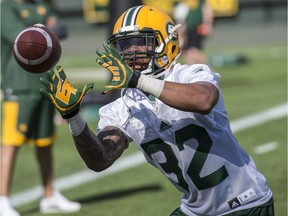 Running back Kendial Lawrence makes a catch during practice at Edmonton Eskimos training camp on May 30, 2017.