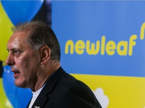 Dean Dacko, chief commercial officer of Newleaf Travel, talks to the media last July 25 before the company's inaugural flight out of Hamilton, Ont.