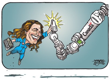 UPLOADED BY: Malcolm Mayes ::: EMAIL: mmayes:: PHONE: 780-288-3542 ::: CREDIT: Malcolm Mayes ::: CAPTION: For Edmonton Journal use only.  Canada space arm gives new Governor General Julie Payette a high five. (Cartoon by Malcolm Mayes)
Malcolm Mayes