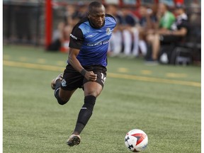 FC Edmonton midfielder Sainey Nyassi moves the ball against  the Indy Eleven during a NASL game at Clarke Stadium in Edmonton, Alta. on Saturday, May 27, 2017.