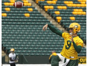 Quarterback Danny O'Brien throws the ball during Edmonton Eskimos practice at Commonwealth Stadium in Edmonton, Alberta on Thursday, June 22, 2017. The team plays their first iregular season game on the road against the BC Lions on June 24.