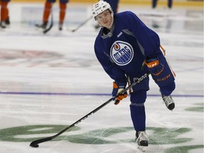 Edmonton Oilers prospect Kailer Yamamoto, who was drafted in the first round of the 2017 NHL Draft by the team, takes part in drills at development camp in Jasper, Alta., on July 5, 2017.