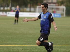 FC Edmonton midfielder Mauro Eustaquio celebrates a goal during the second half of a NASL soccer game against North Carolina FC at Clarke Stadium in Edmonton on Friday, July 7, 2017.