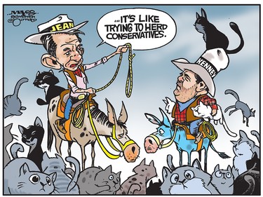 Brian Jean and Jason Kenney try to herd Conservative cats towards unity. (Cartoon by Malcolm Mayes)