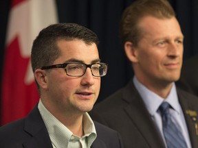 United Conservative Party interim leader Nathan Cooper introduced the party's caucus leadership on July 25, 2017 at the Alberta legislature.