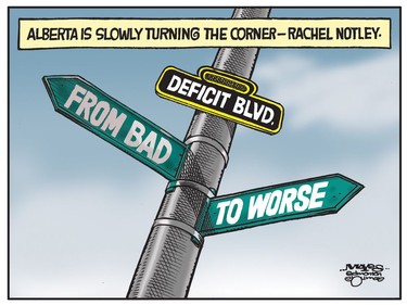 Alberta turns the corner on the Deficit. (Cartoon by Malcolm Mayes)
Malcolm Mayes
