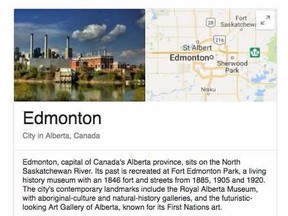 The knowledge card that pops up when people Google Edmonton features the unimpressive Rossdale Power Plant, something tourism promoters for the city would like to see changed. (Google.com)