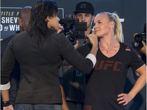 Amanda Nunes, left, and Valentina Shevchenko, pose during media day for Saturday's UFC 213, in Las Vegas on Thursday, July 6, 2017.