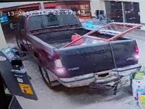 A burgundy Ford F-250 smashed through the glass doors of a Sobeys grocery store at 6403 51 St. in Cold Lake, Alta., on Thursday, July 13, 2017, while attempting to steal an ATM. After two suspects discovered the ATM was empty, they fled the scene, taking part of the door with them.