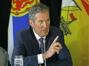 Brian Pallister, Premier of Manitoba, said it's "super dooper" that Justin Trudeau wants to stick to July 1 for legalizing cannabis, but the federal government needs to do its part to resolve legalization issues. Pallister is pictured at the closing news conference after a three-day meeting with Canada's provincial Premiers and National Indigenous Organization Leaders in Edmonton on Wednesday July 19, 2017.