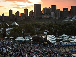 The sun sets over the Edmonton Folk Music Festival at Gallagher Park.