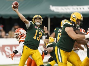 Edmonton's quarterback Mike Reilly throws the ball  during a CFL game between the Edmonton Eskimos and the BC Lions at Commonwealth Stadium in Edmonton on Friday, July 28, 2017. Ian Kucerak / Postmedia
