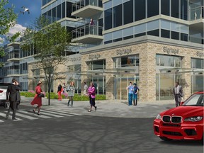 Ground-level shops would line the front of the new Holyrood Gardens development, pitched for 85 Street beside the coming LRT stop.