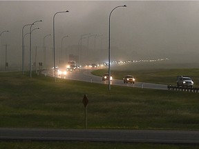 Sand and dust blows across Highway 2 as a storm moves through Edmonton on July 13, 2017.