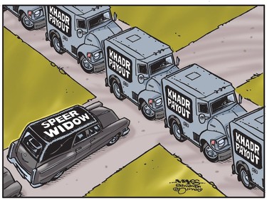 Funeral procession of Speer widow yields to Omar Khadr's massive payout. (Cartoon by Malcolm Mayes)