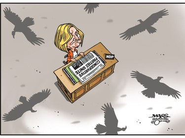 Buzzards begin circling for Rachel Notley and the NDP after conservative parties merge. (Cartoon by Malcolm Mayes)
Malcolm Mayes