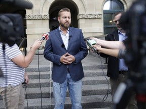MLA Derek Fildebrandt announces he will not be running for United Conservative Party leadership at a news conference in Calgary on Tuesday, Aug. 8, 2017.