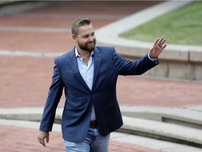 Derek Fildebrandt announces he will not be running for UCP leadership in Calgary on Tuesday August 8, 2017 outside the McDougall Centre.