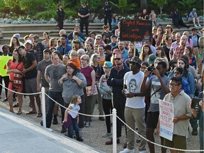 About 250 people showed up for a rally that was held to protest white supremacists, at the Alberta Legislature in Edmonton, August 26, 2017.