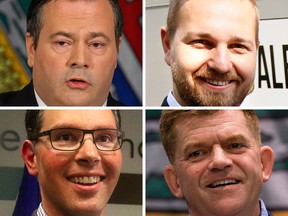 Declared or potential UCP candidates include (clockwise) Jason Kenney, Derek Fildebrandt, Brian Jean and Doug Schweitzer.